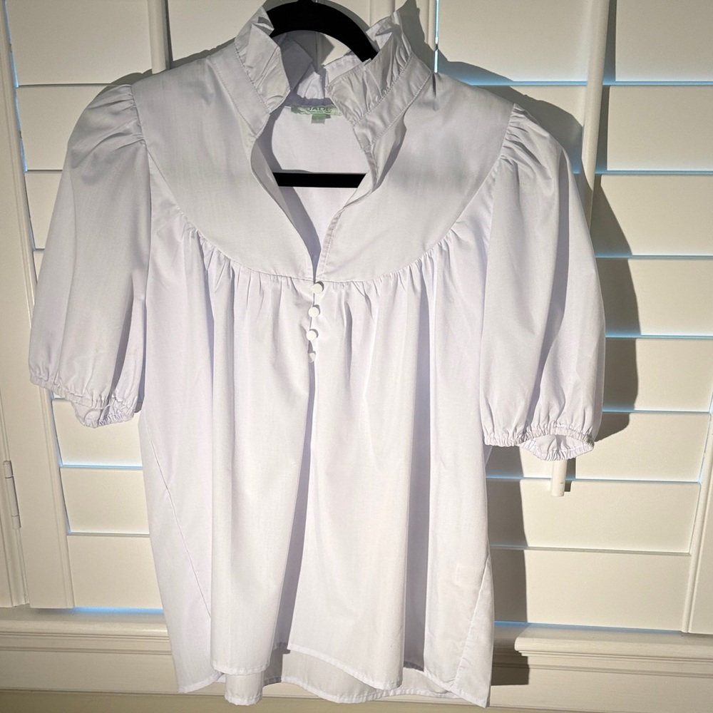 Jade White Women's Puff Sleeve Ruffled Collar Top